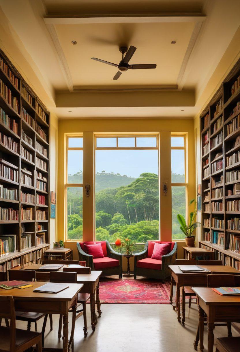 A vibrant and dynamic scene showcasing a diverse group of West Bengal students studying together in a cozy library setting, surrounded by colorful books and inspirational posters. Capture elements of traditional Bengali culture, like motifs or fabrics, blended with modern study tools like laptops and notebooks. Include a window with a view of a beautiful West Bengal landscape outside, symbolizing hope and empowerment. Colorful, energetic, and inviting atmosphere. super-realistic. vibrant colors. 3D.