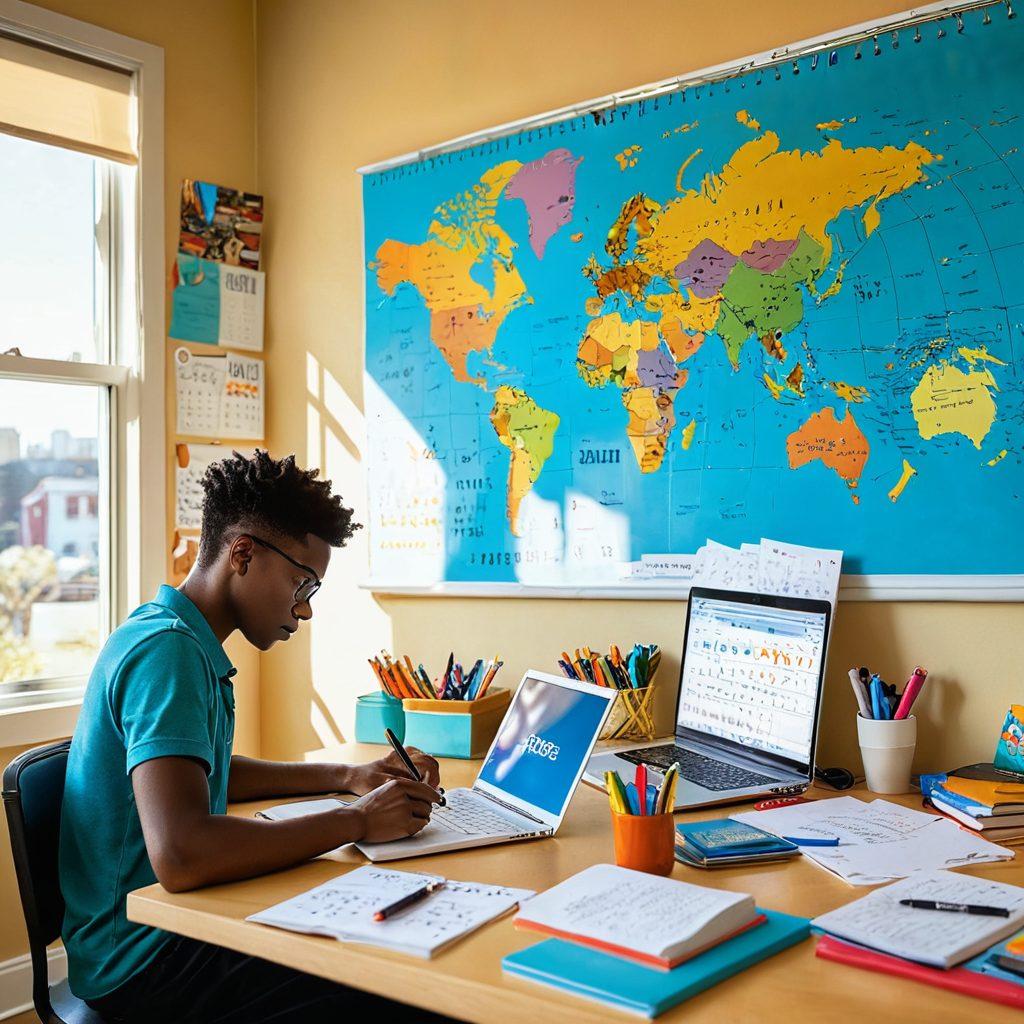 A student surrounded by educational tools such as books, a laptop, and notes, mapping out their study plan on a large wall calendar. The background features a bright classroom setting filled with inspiring quotes and a world map. The light from the window bathes the scene in a warm glow, symbolizing hope and opportunity. super-realistic. vibrant colors. bright and motivational atmosphere.