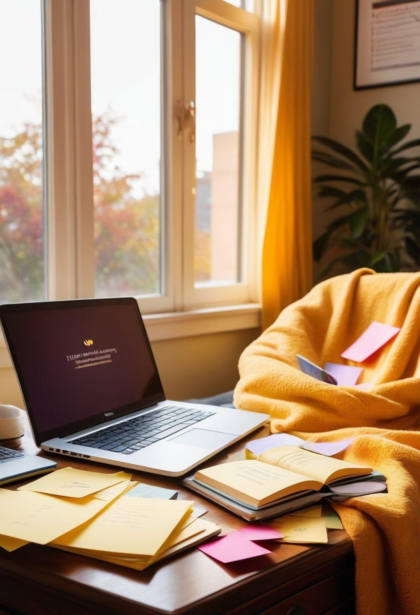 An inviting study space featuring an open textbook, colorful sticky notes with motivational quotes, a laptop displaying a study plan, and a cozy chair with a warm blanket. Sunlight streams through a window, casting a golden hue, symbolizing enlightenment and success. The background includes motivational posters and a small globe, representing global learning. vibrant colors. super-realistic.